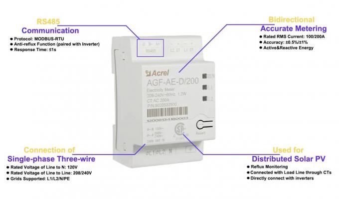 Acrel AGF-AE-D/200 Energy Meter Din Rail Single Phase Three Wires with ...
